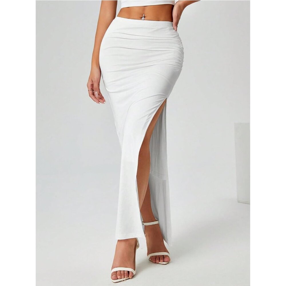 Women's White Ruched Side Slit Thigh Elegant Bodycon Pencil Chic Maxi Skirt - Picture 2 of 6